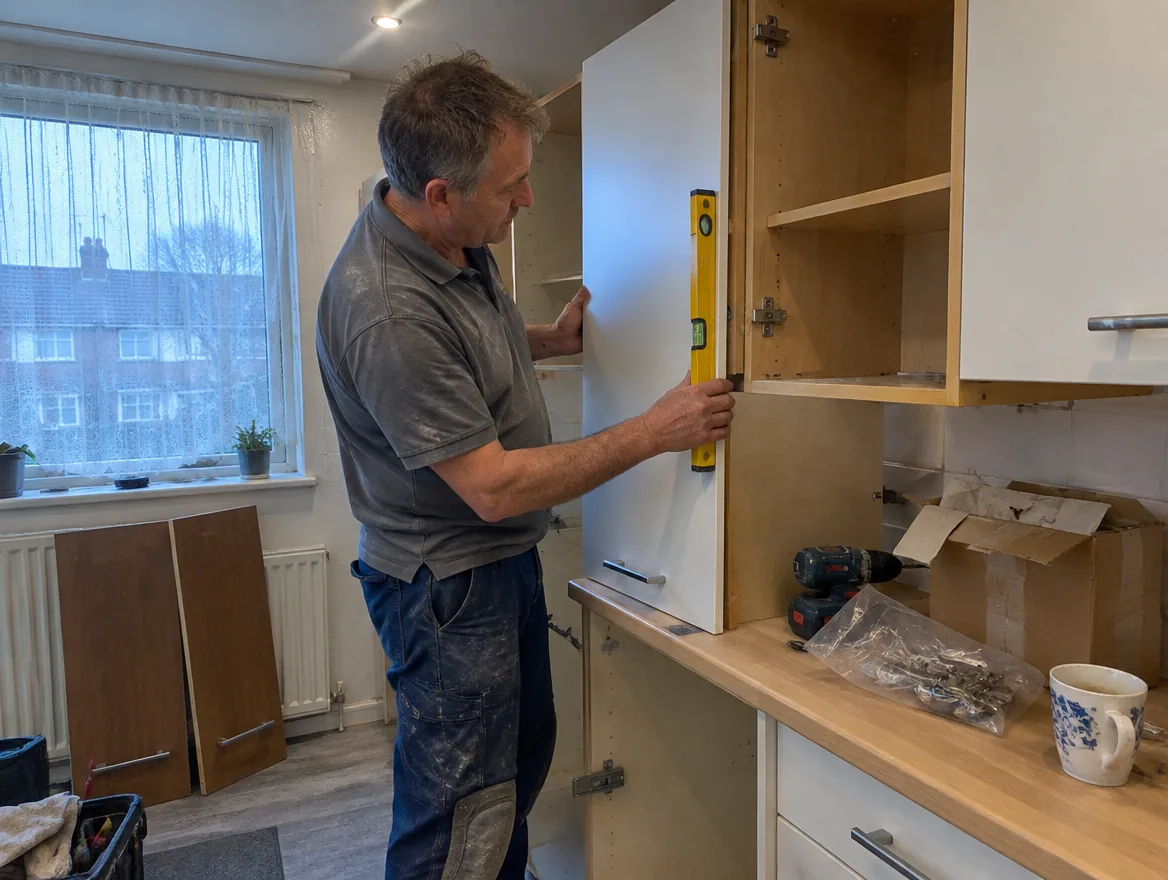 Monteur past een nieuwe keukendeur op een bestaande keukenkast